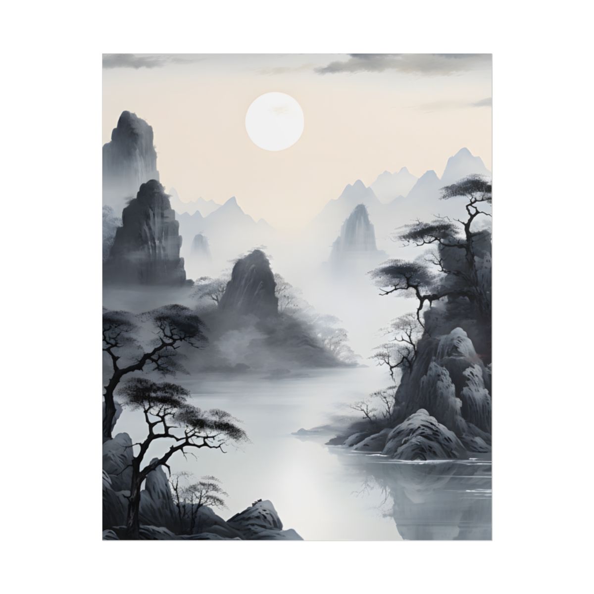 Chinese Ink Serenity: Mirrored Lakes Landscape Art - Poster