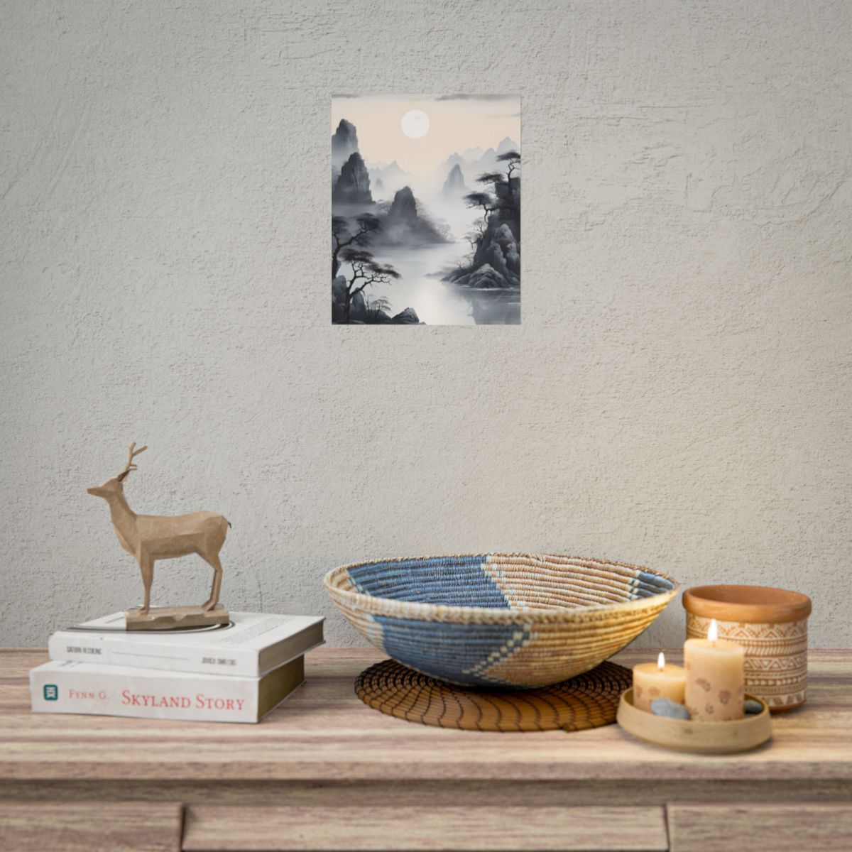 Chinese Ink Serenity: Mirrored Lakes Landscape Art - Poster