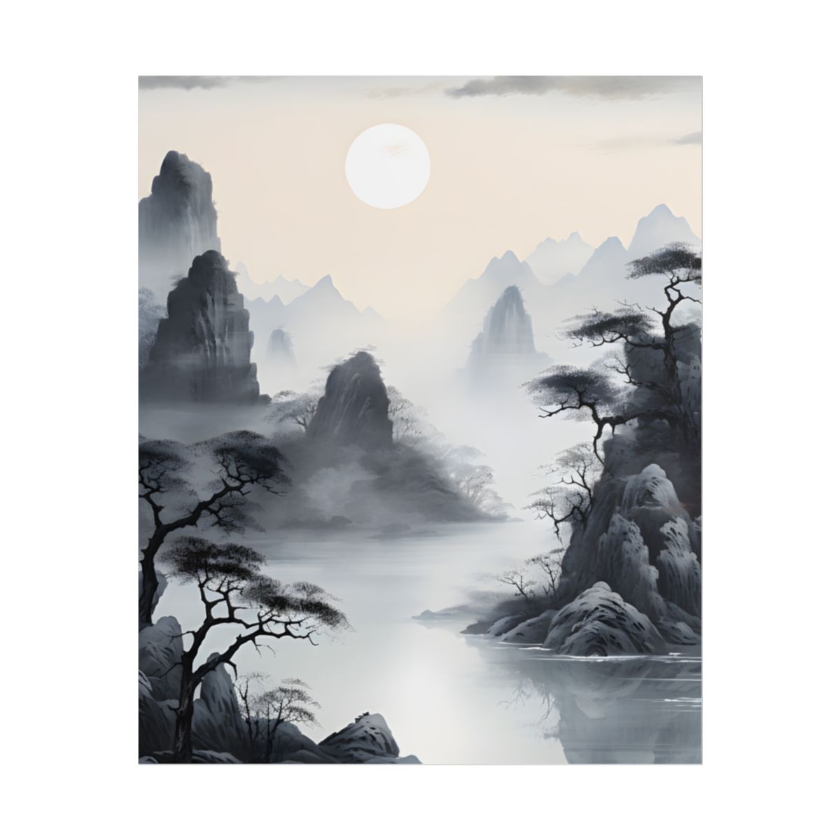 Chinese Ink Serenity: Mirrored Lakes Landscape Art - Poster