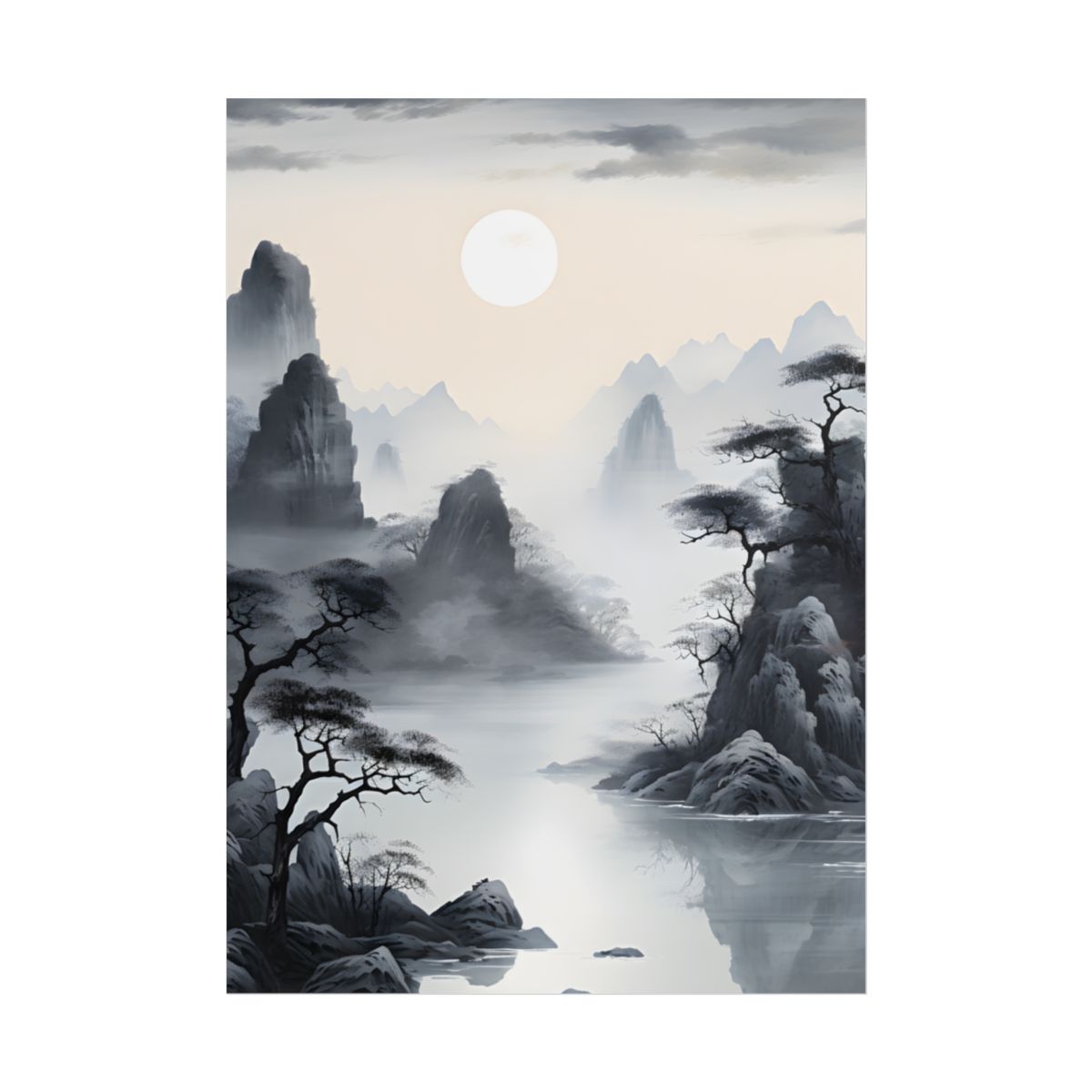 Chinese Ink Serenity: Mirrored Lakes Landscape Art - Poster