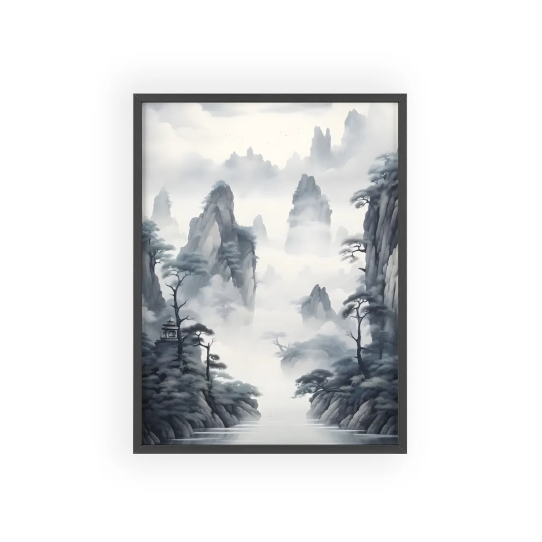 Chinese Ink Tranquility: Serene Mirrored Lakescape - Framed Poster