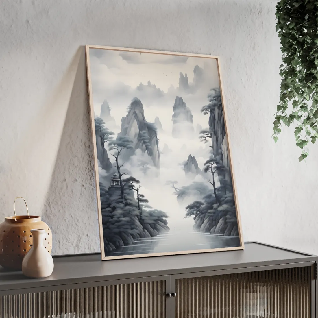 Chinese Ink Tranquility: Serene Mirrored Lakescape - Framed Poster