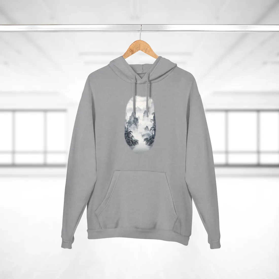Chinese Ink Tranquility: Serene Mirrored Lakescape Hoodie - Hoodie (Heather Grey)