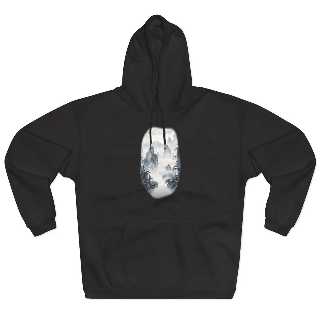 Chinese Ink Tranquility: Serene Mirrored Lakescape Hoodie - Hoodie (Black)