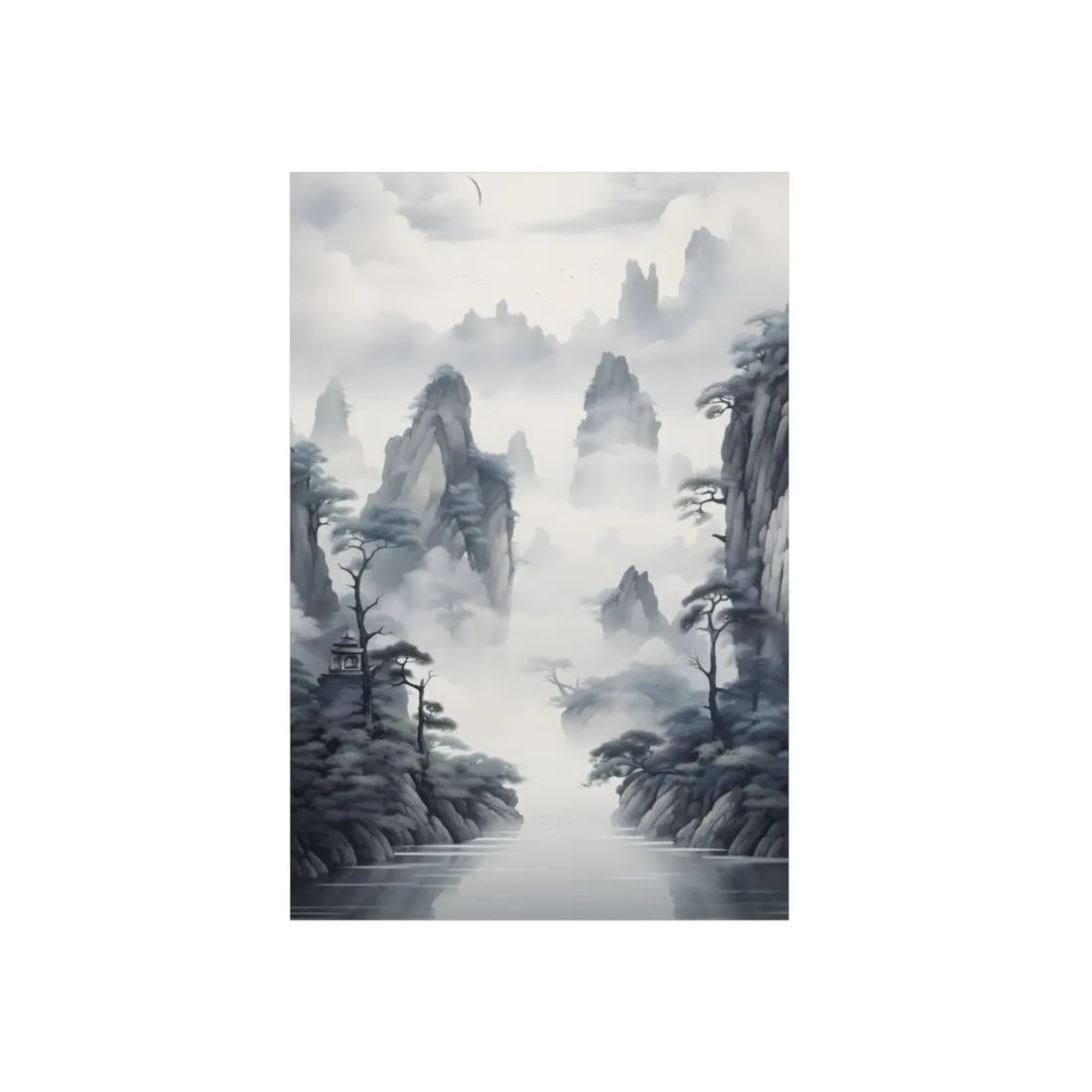 Chinese Ink Tranquility: Serene Mirrored Lakescape - Metal Poster