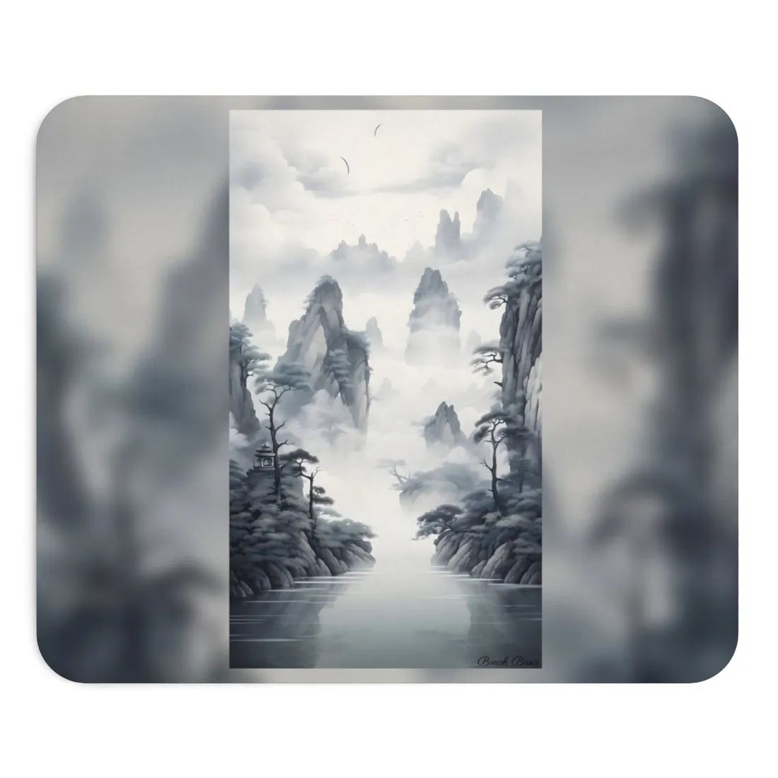 Chinese Ink Tranquility: Serene Mirrored Lakescape - Mouse Pad