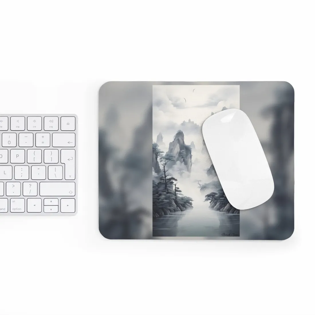 Chinese Ink Tranquility: Serene Mirrored Lakescape - Mouse Pad