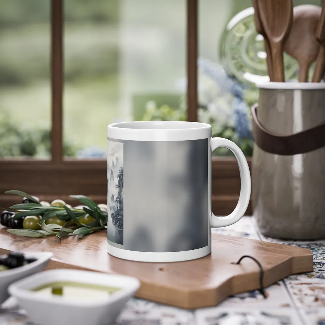 Chinese Ink Tranquility: Serene Mirrored Lakescape - Mug