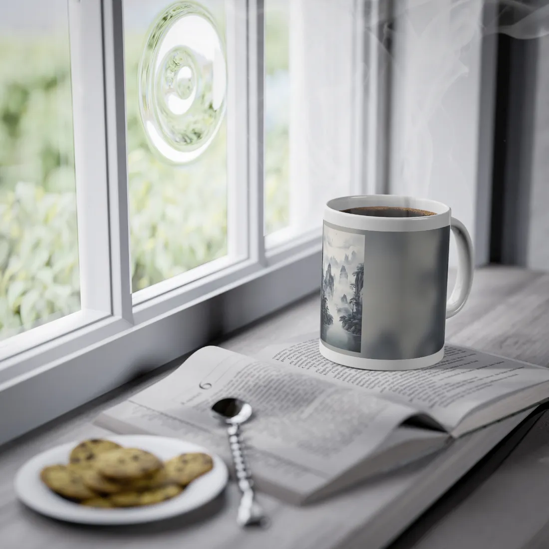 Chinese Ink Tranquility: Serene Mirrored Lakescape - Mug