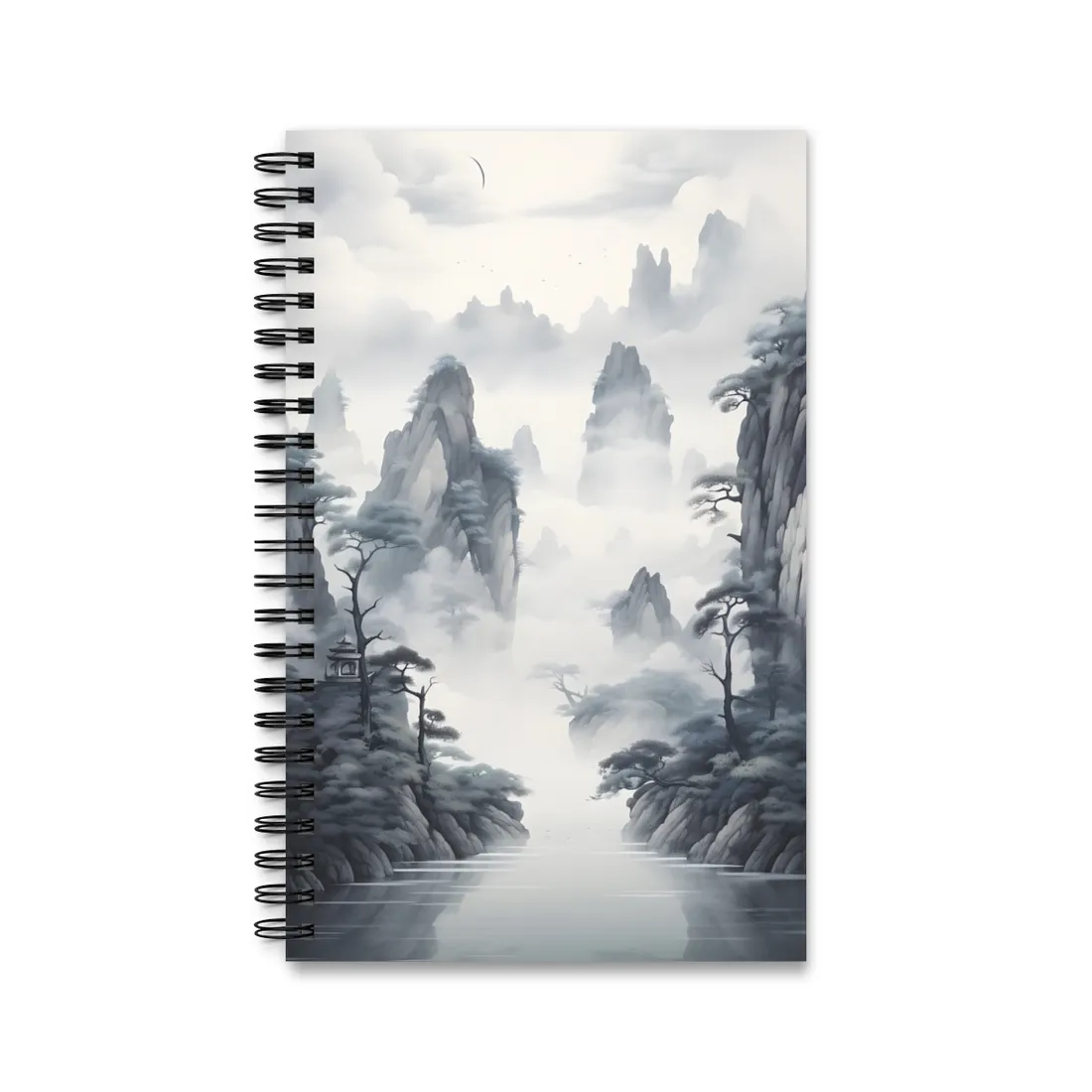 Chinese Ink Tranquility: Serene Mirrored Lakescape - Spiral Notebook