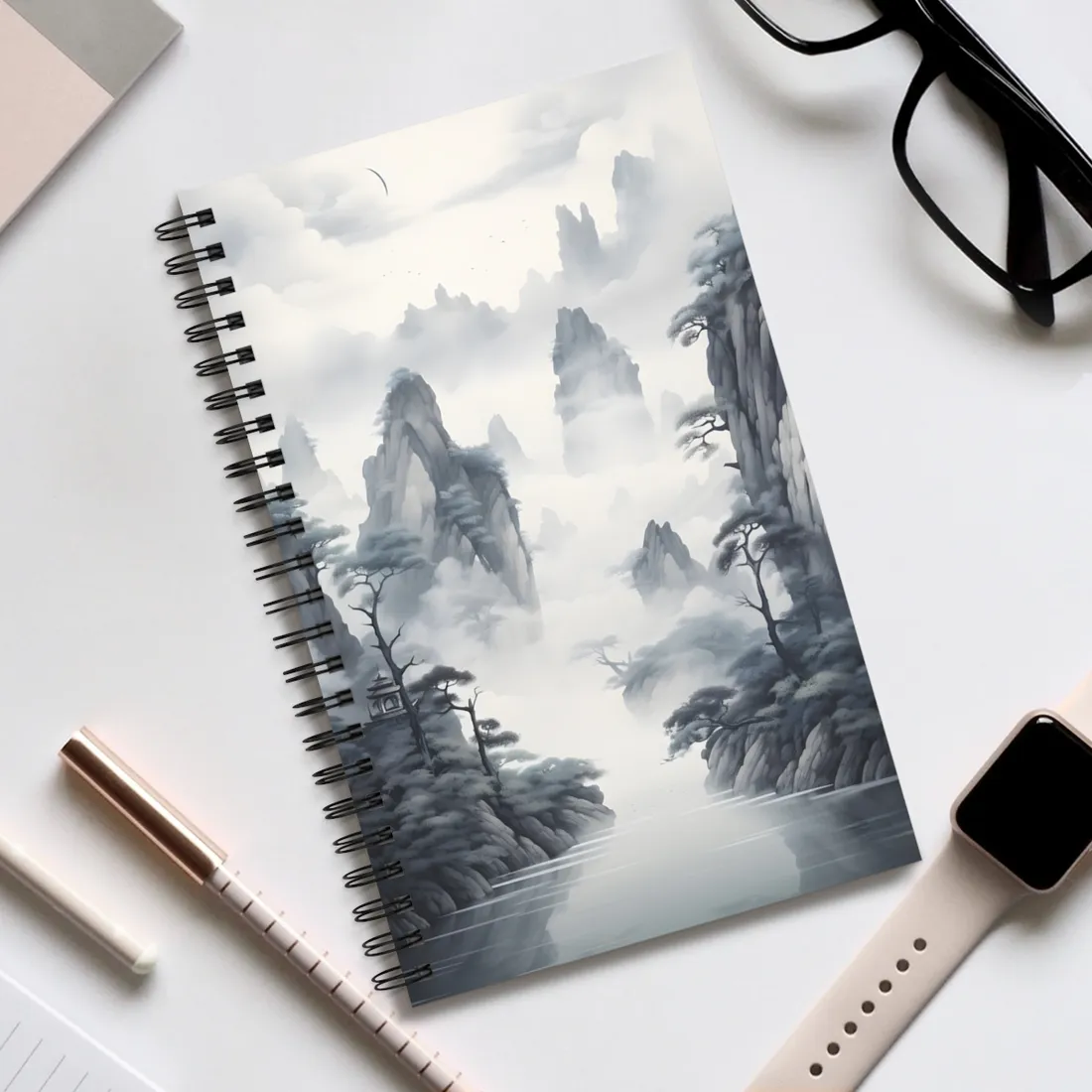 Chinese Ink Tranquility: Serene Mirrored Lakescape - Spiral Notebook