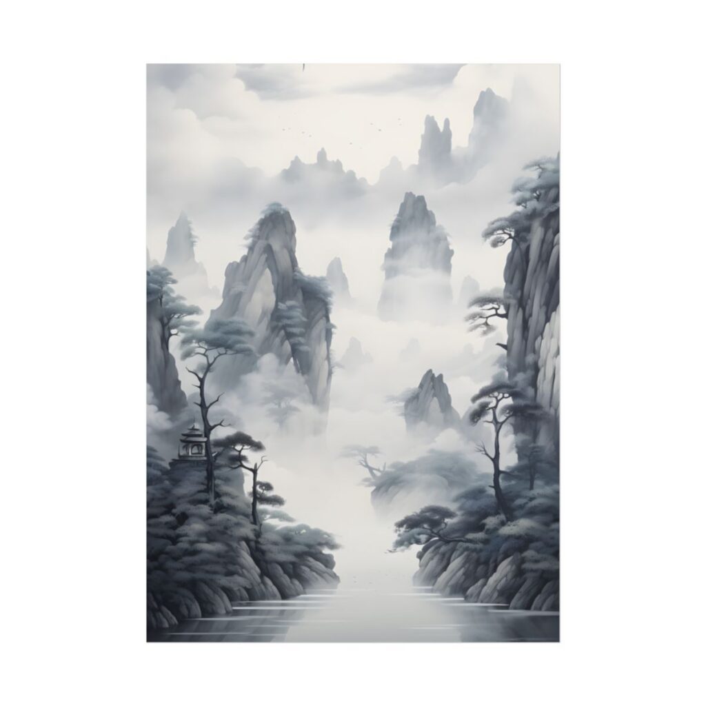 Chinese Ink Tranquility: Serene Mirrored Lakescape - Poster