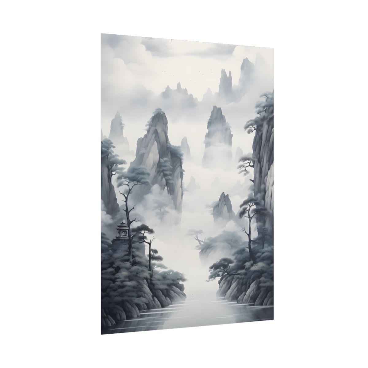 Chinese Ink Tranquility: Serene Mirrored Lakescape - Poster