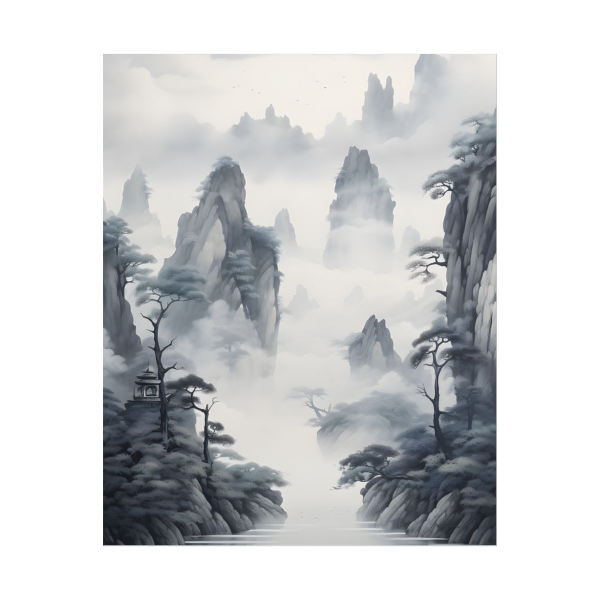 Chinese Ink Tranquility: Serene Mirrored Lakescape - Poster