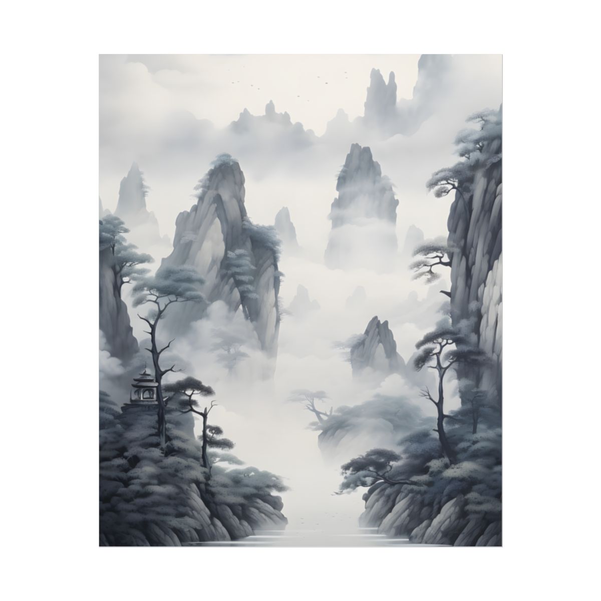 Chinese Ink Tranquility: Serene Mirrored Lakescape - Poster