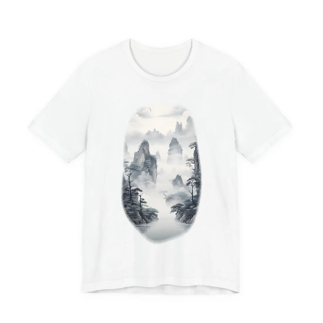 Chinese Ink Tranquility: Serene Mirrored Lakescape T-Shirt - T-Shirt (White)