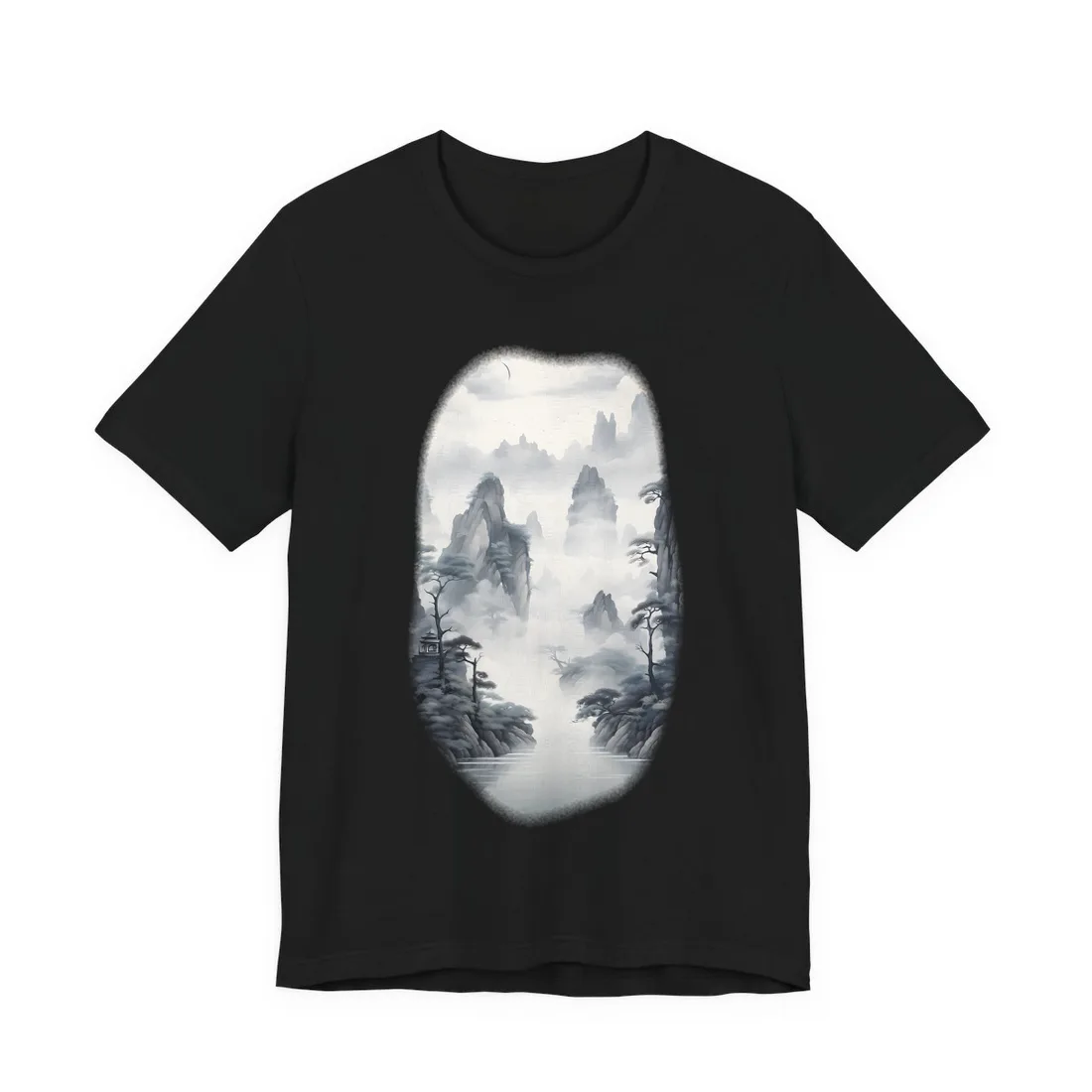 Chinese Ink Tranquility: Serene Mirrored Lakescape T-Shirt - T-Shirt (Black)