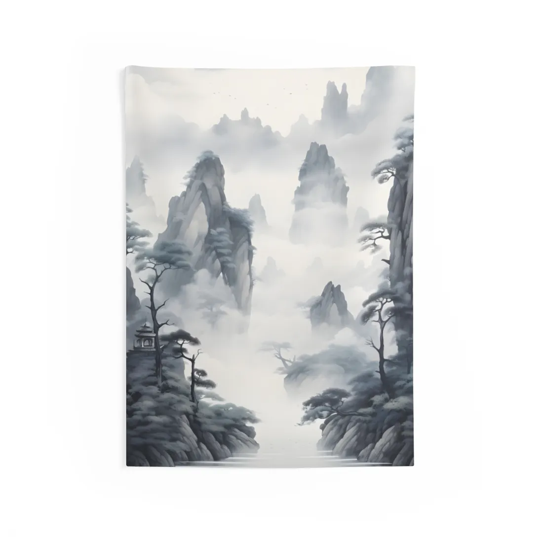 Chinese Ink Tranquility: Serene Mirrored Lakescape - Wall Tapestry