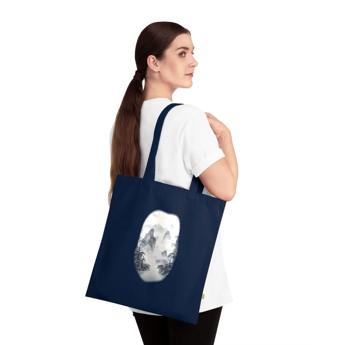 Chinese Ink Tranquility: Serene Mirrored Lakescape Tote Bag - Tote Bag (French Navy)