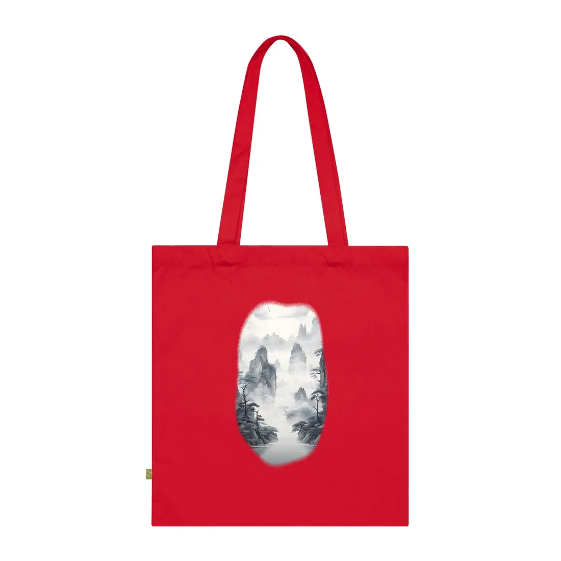 Chinese Ink Tranquility: Serene Mirrored Lakescape Tote Bag - Tote Bag (Classic Red)