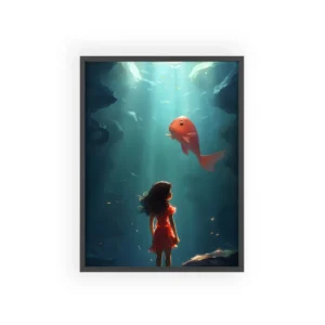 Underwater Wonder: Girl and Giant Fish in Teal Depths Framed Poster