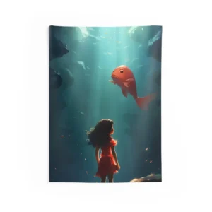 Girl Watching Fish Underwater Wall Tapestry