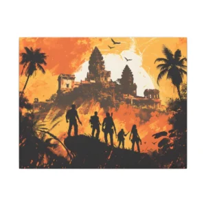Silhouetted Adventurers at Temple Ruins Canvas Print
