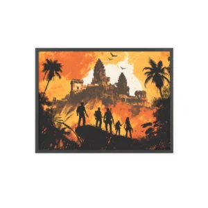Silhouetted Adventurers at Temple Ruins Framed Poster
