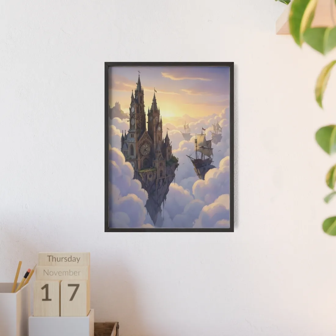 Clockwork Castles Above the Cloud Sea - Framed Poster