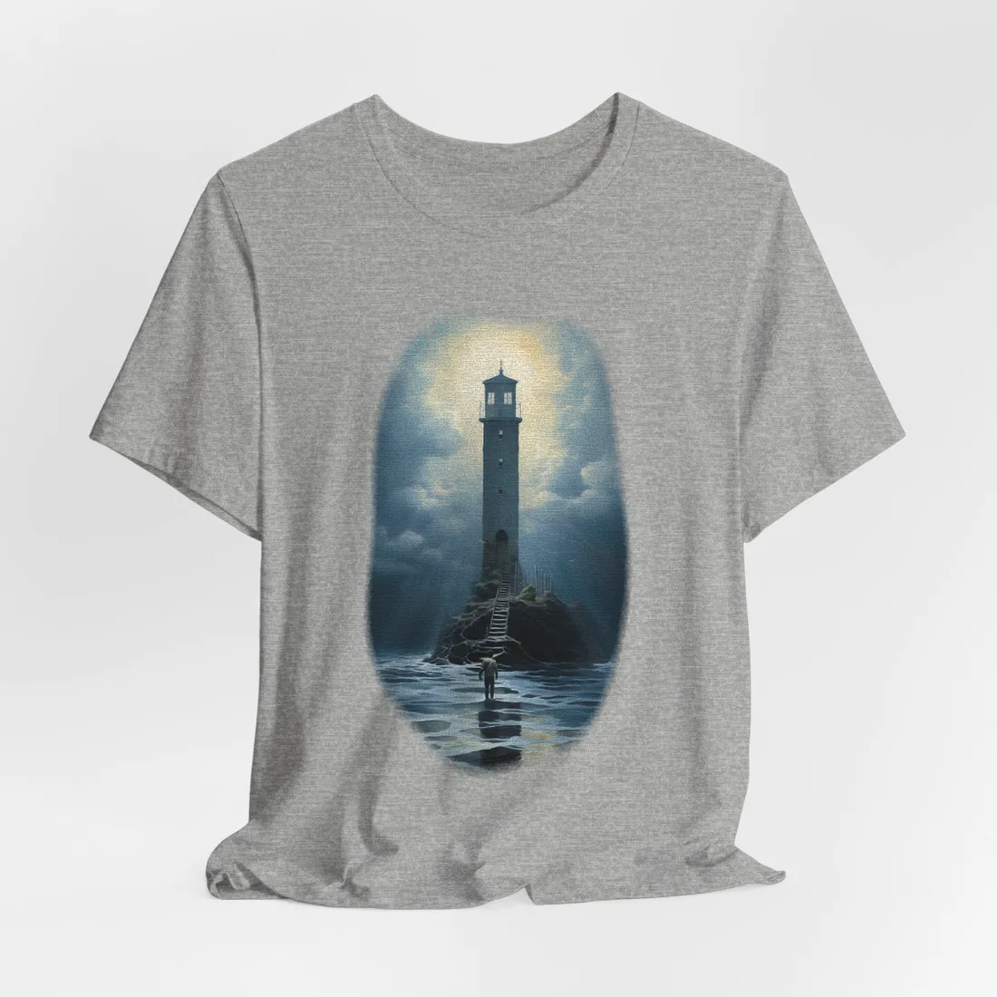 A lone figure wades toward a tall lighthouse under a glowing, stormy sky – T-Shirt, athletic heather, detail view