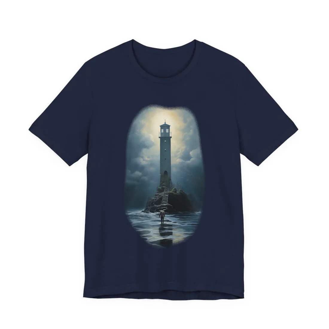 A lone figure wades toward a tall lighthouse under a glowing, stormy sky – T-Shirt, navy, detail view