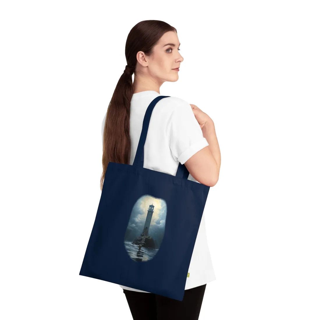 Lighthouse on a Stormy Cliff: Dramatic Sky with Light Rays – Tote Bag, french navy