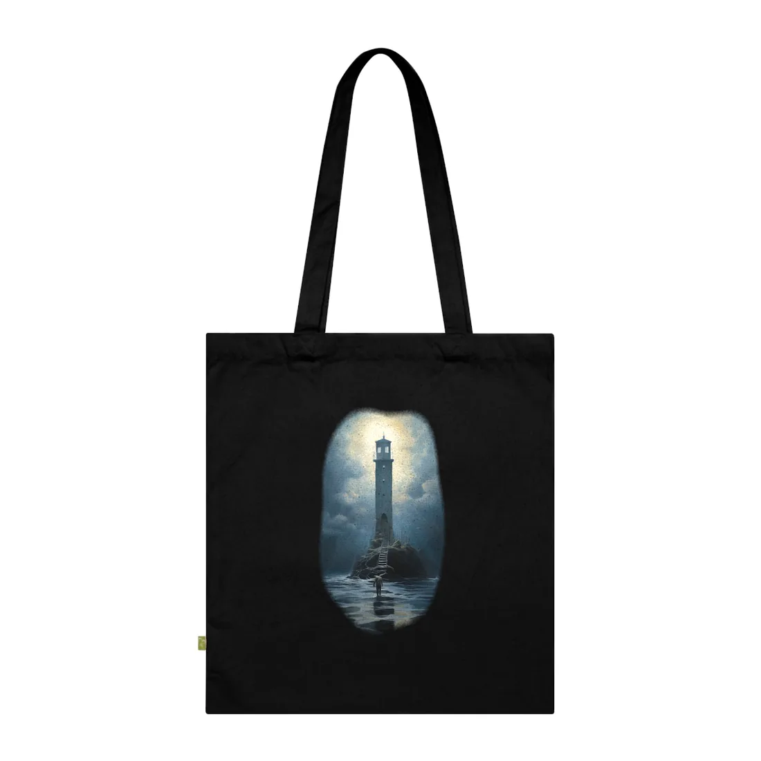Lighthouse on a Stormy Cliff: Dramatic Sky with Light Rays – Tote Bag, black