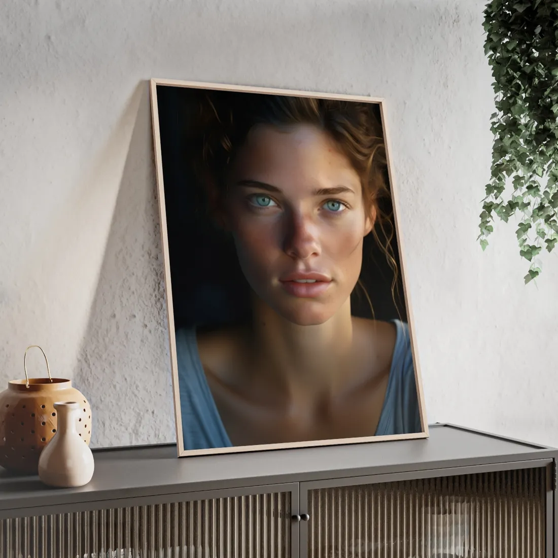 Close-Up Portrait: Grinning Woman with Sharp Light Brown Eyes - Framed Poster