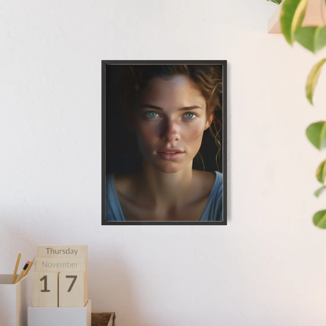 Close-Up Portrait: Grinning Woman with Sharp Light Brown Eyes - Framed Poster