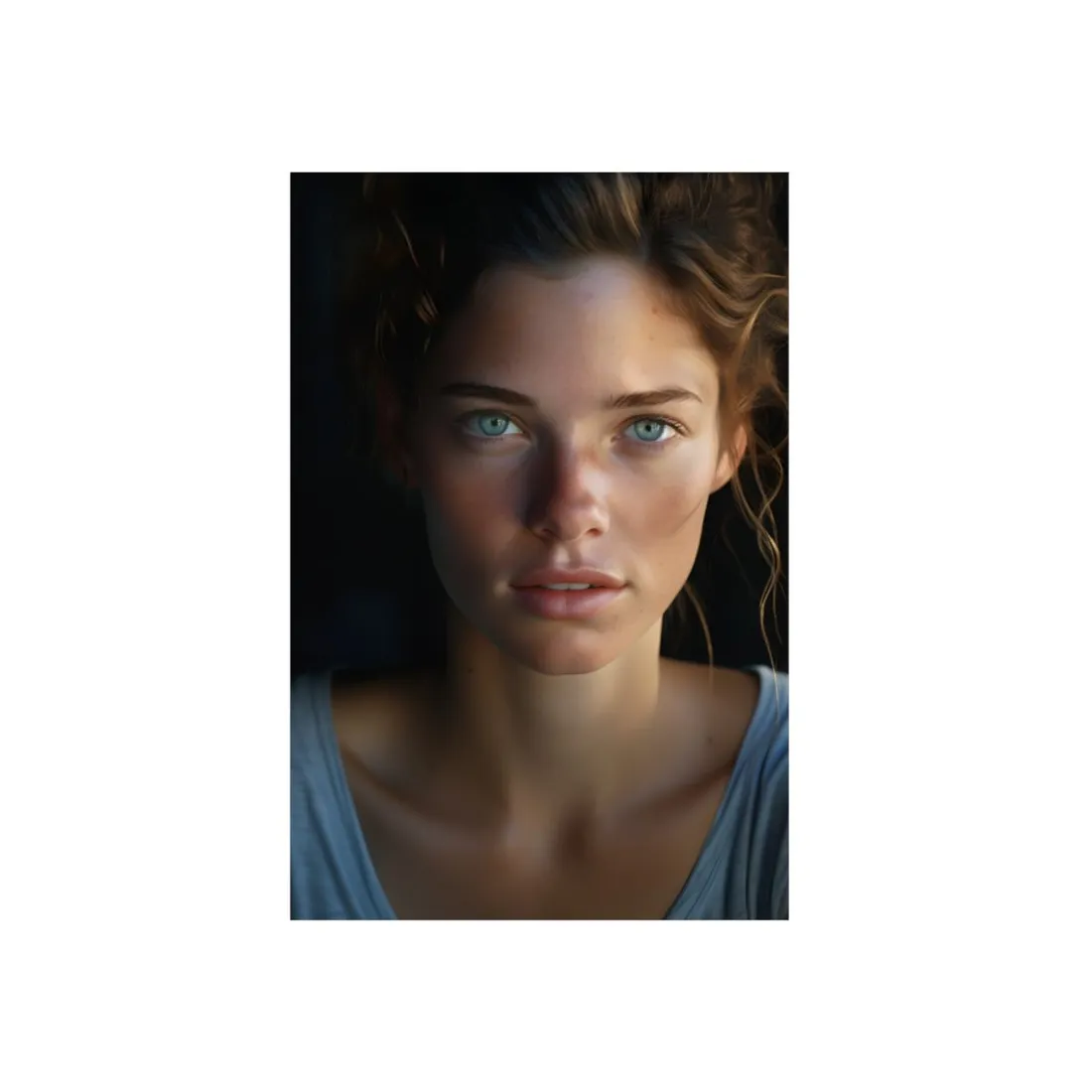 Close-Up Portrait: Grinning Woman with Sharp Light Brown Eyes - Metal Poster