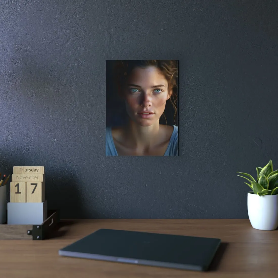 Close-Up Portrait: Grinning Woman with Sharp Light Brown Eyes - Metal Poster