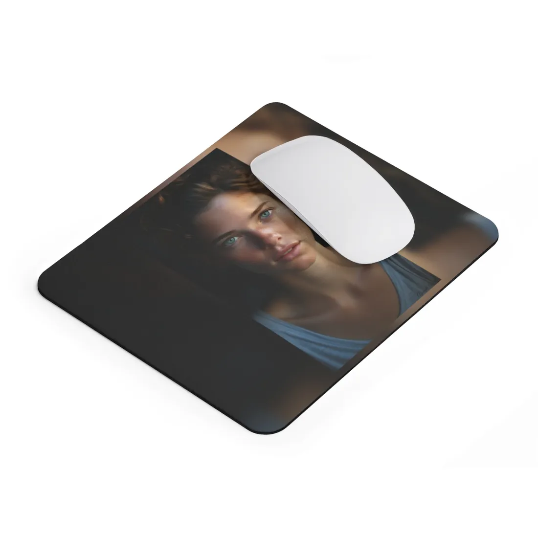 Close-Up Portrait: Grinning Woman with Sharp Light Brown Eyes - Mouse Pad