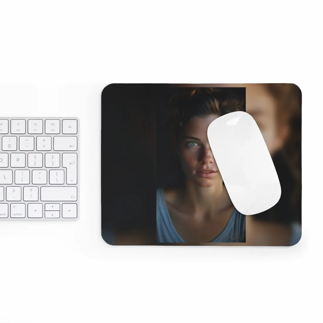 Close-Up Portrait: Grinning Woman with Sharp Light Brown Eyes - Mouse Pad