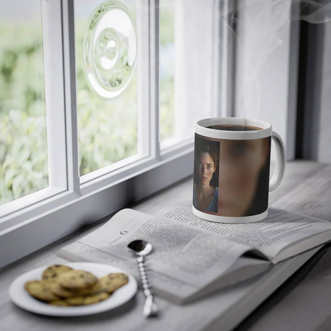 Close-Up Portrait: Grinning Woman with Sharp Light Brown Eyes - Mug