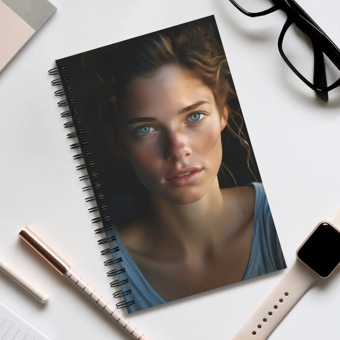Close-Up Portrait: Grinning Woman with Sharp Light Brown Eyes - Spiral Notebook