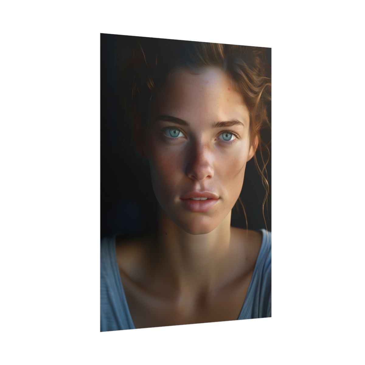 Close-Up Portrait: Grinning Woman with Sharp Light Brown Eyes - Poster