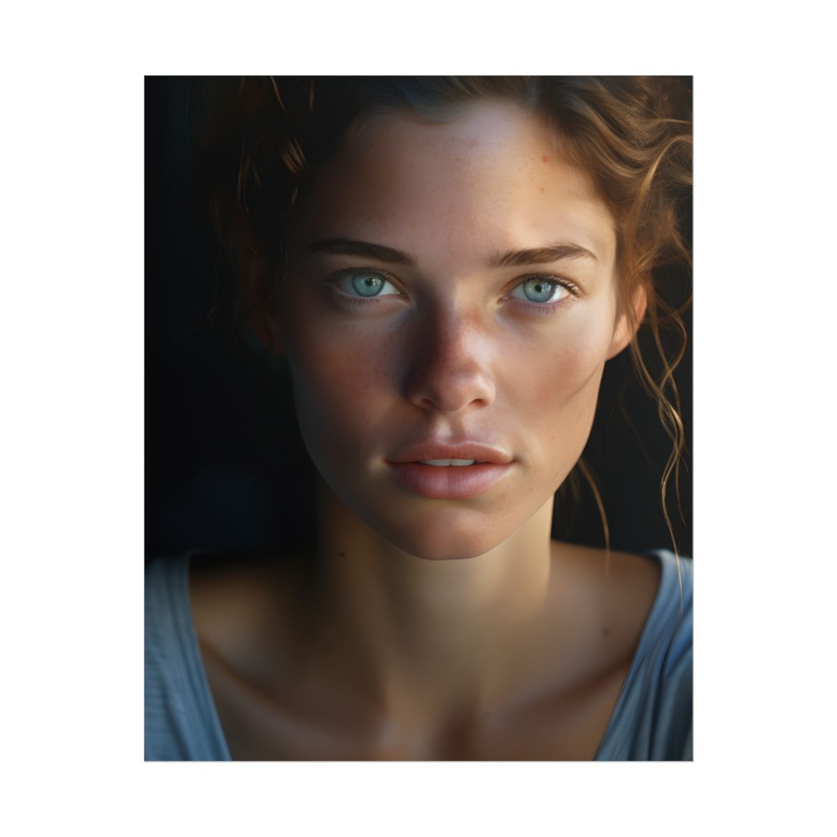 Close-Up Portrait: Grinning Woman with Sharp Light Brown Eyes - Poster