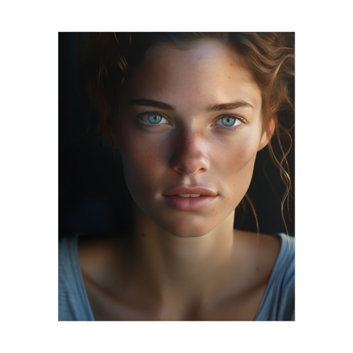 Close-Up Portrait: Grinning Woman with Sharp Light Brown Eyes - Poster