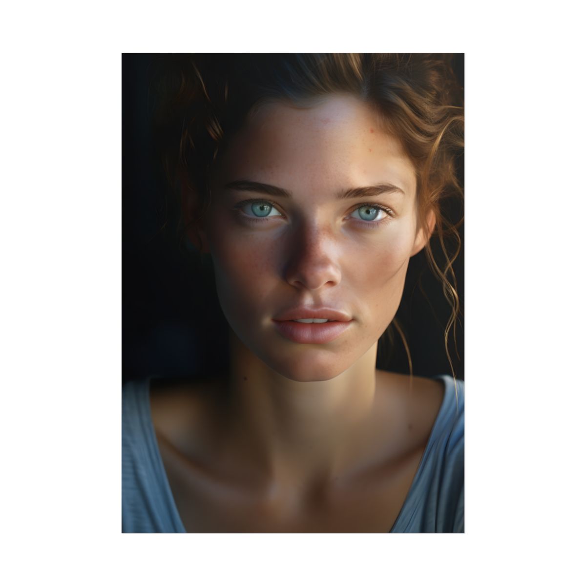 Close-Up Portrait: Grinning Woman with Sharp Light Brown Eyes - Poster