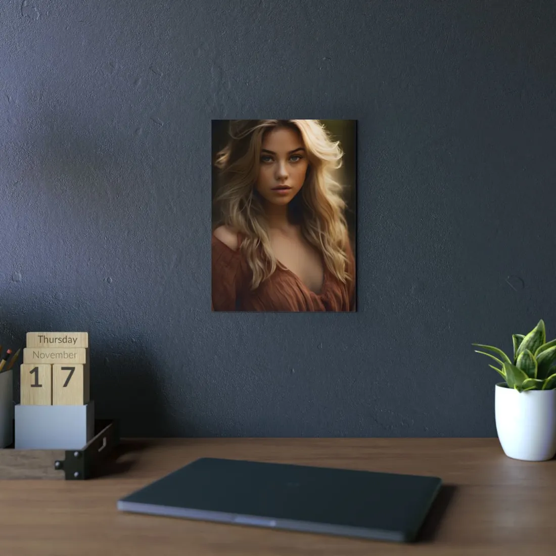Close-Up Portrait of Blonde Woman: Soft Studio Lighting - Metal Poster
