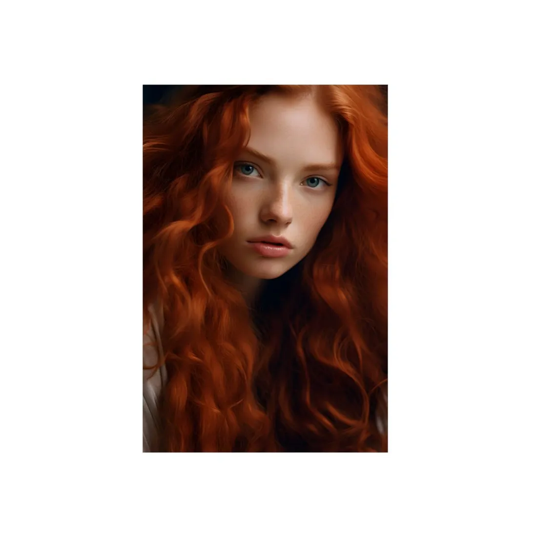 Close-Up Portrait of Red-Haired Woman: Blue Eyes and Freckles - Metal Poster