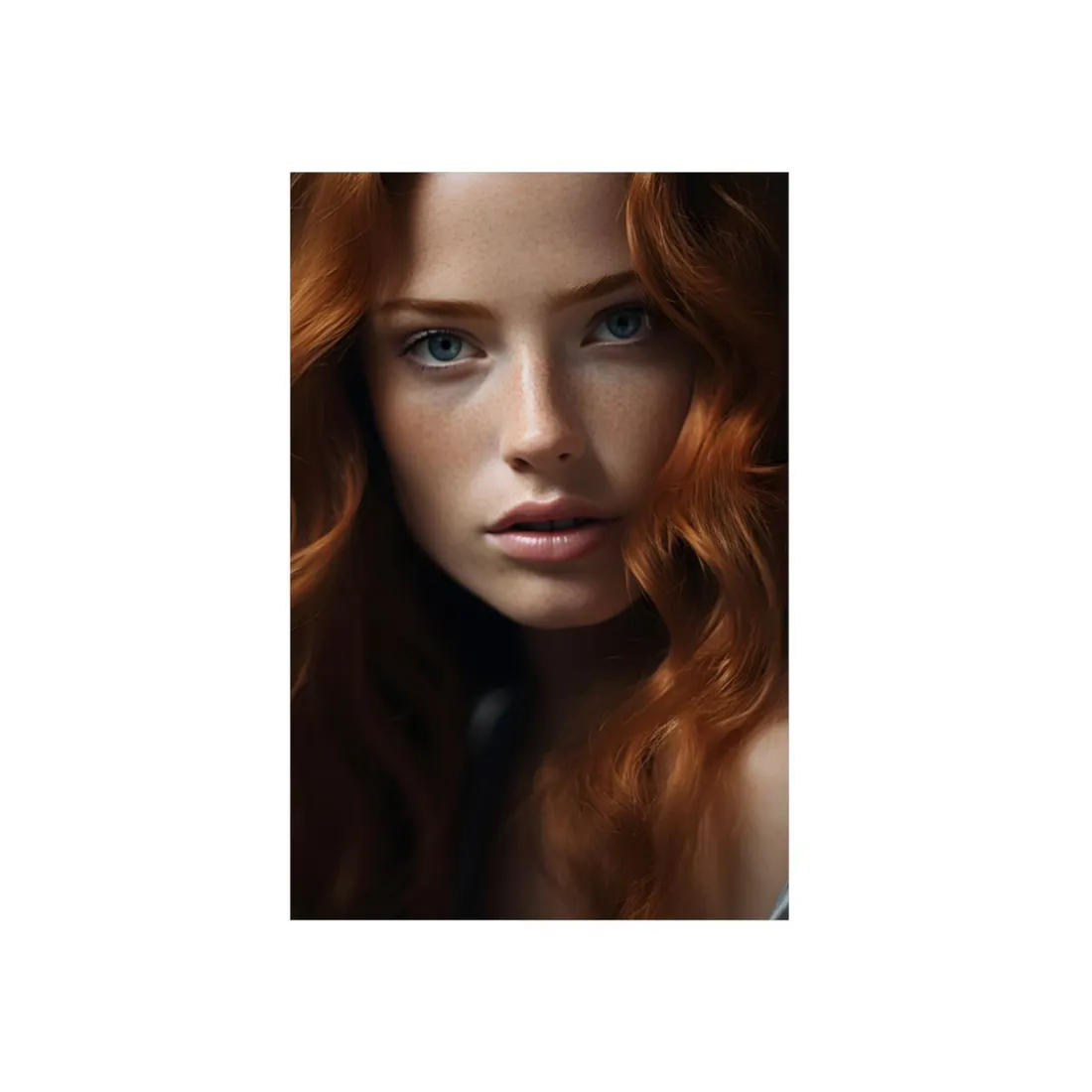 Close-Up Portrait of Red-Haired Woman: Wavy Auburn Hair - Metal Poster