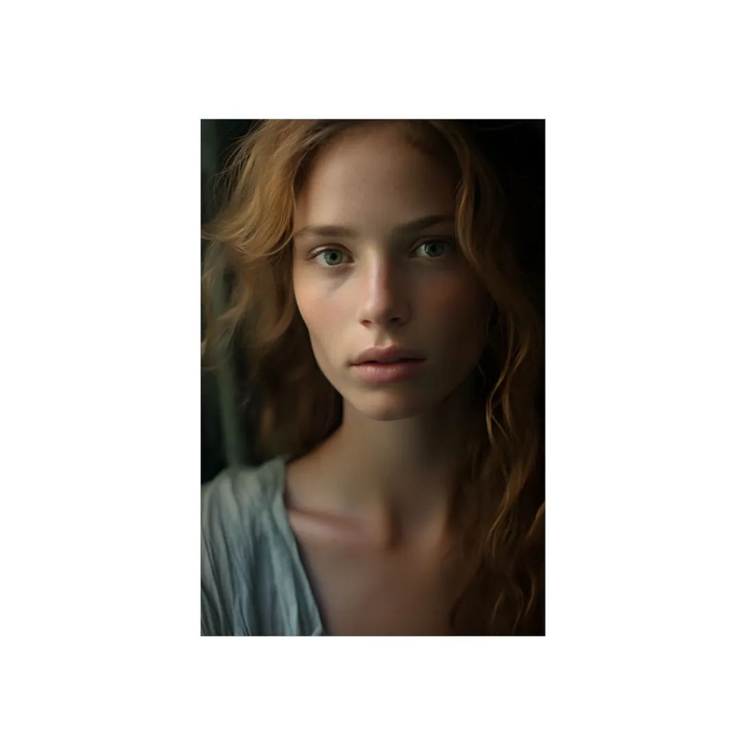 Close-Up Portrait of Woman with Auburn Hair: Neutral Expression - Metal Poster