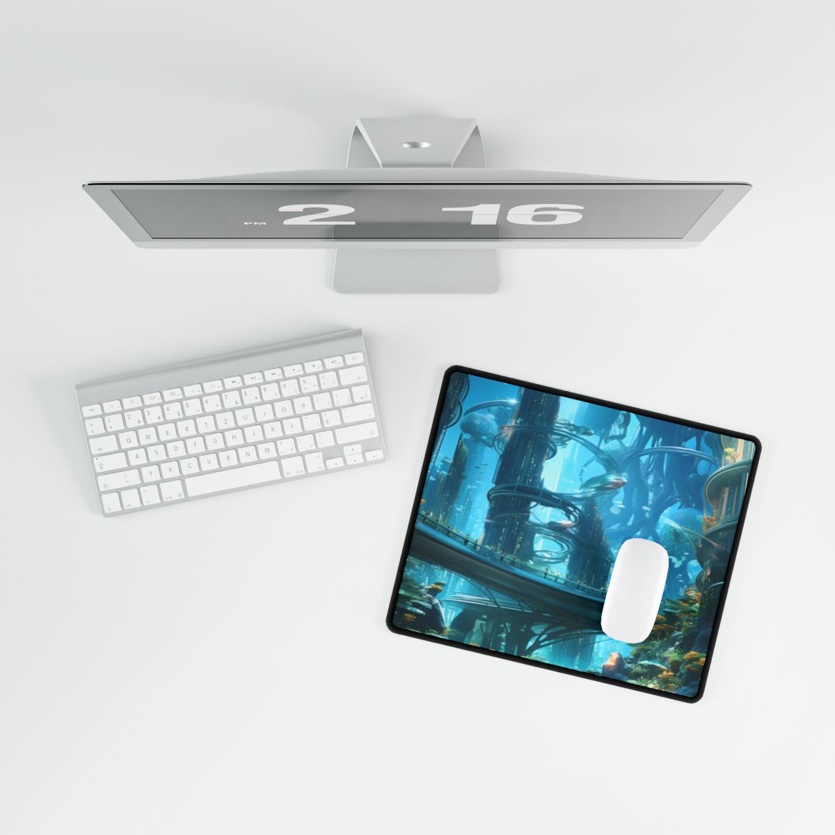 Close-Up Shot: Futuristic Underwater Cityscape in Bloom - Desk Mat